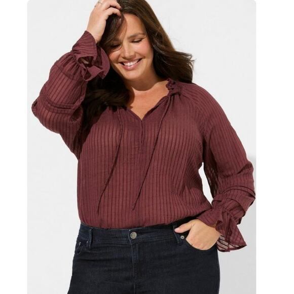 Torrid Maroon Stripe Gauze Lace Up Peasant Top size 3 - Picture 1 of 16